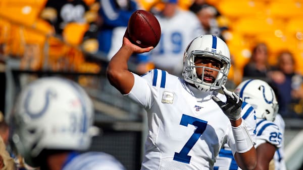 PITTSBURGH, PA - NOVEMBER 03: Jacoby Brissett #7 of the Indianapolis Colts warms up before the game against the Pittsburgh Steelers on November 3, 2019 at Heinz Field in Pittsburgh, Pennsylvania. (Photo by Justin K. Aller/Getty Images) PITTSBURGH, PA - NOVEMBER 03: Jacoby Brissett #7 of the Indianapolis Colts warms up before the game against the Pittsburgh Steelers on November 3, 2019 at Heinz Field in Pittsburgh, Pennsylvania. (Photo by Justin K. Aller/Getty Images)
