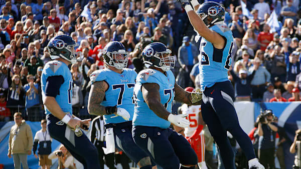 NASHVILLE, TENNESSEE - NOVEMBER 10: Anthony Firkser #86 of the Tennessee Titans celebrates with teammates after making a touchdown reception against the Kansas City Chiefs during the first half at Nissan Stadium on November 10, 2019 in Nashville, Tennessee. (Photo by Frederick Breedon/Getty Images) NASHVILLE, TENNESSEE - NOVEMBER 10: Anthony Firkser #86 of the Tennessee Titans celebrates with teammates after making a touchdown reception against the Kansas City Chiefs during the first half at Nissan Stadium on November 10, 2019 in Nashville, Tennessee. (Photo by Frederick Breedon/Getty Images)