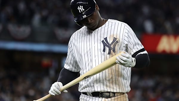 NEW YORK, NEW YORK - OCTOBER 15: Didi Gregorius #18 of the New York Yankees reacts after flying out during the fifth inning against the Houston Astros in game three of the American League Championship Series at Yankee Stadium on October 15, 2019 in New York City. (Photo by Elsa/Getty Images) NEW YORK, NEW YORK - OCTOBER 15: Didi Gregorius #18 of the New York Yankees reacts after flying out during the fifth inning against the Houston Astros in game three of the American League Championship Series at Yankee Stadium on October 15, 2019 in New York City. (Photo by Elsa/Getty Images)