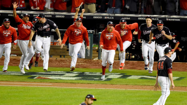 WASHINGTON, DC - OCTOBER 15: The Washington Nationals bench runs on to the field after defeating the St. Louis Cardinals for Game Four of the National League Championship Series at Nationals Park on October 15, 2019 in Washington, DC. (Photo by Will Newton/Getty Images) WASHINGTON, DC - OCTOBER 15: The Washington Nationals bench runs on to the field after defeating the St. Louis Cardinals for Game Four of the National League Championship Series at Nationals Park on October 15, 2019 in Washington, DC. (Photo by Will Newton/Getty Images)
