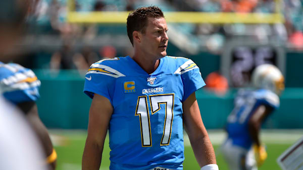 MIAMI, FL - SEPTEMBER 29: Philip Rivers #17 of the Los Angeles Chargers on the sidelines during the second quarter of the game against the Miami Dolphins at Hard Rock Stadium on September 29, 2019 in Miami, Florida. (Photo by Eric Espada/Getty Images) MIAMI, FL - SEPTEMBER 29: Philip Rivers #17 of the Los Angeles Chargers on the sidelines during the second quarter of the game against the Miami Dolphins at Hard Rock Stadium on September 29, 2019 in Miami, Florida. (Photo by Eric Espada/Getty Images)