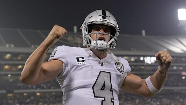OAKLAND, CALIFORNIA - NOVEMBER 07: Quarterback Derek Carr #4 of the Oakland Raiders celebrates after Josh Jacobs (not pictured) scored a touchdown late in the fourth quarter against the Los Angeles Chargers at RingCentral Coliseum on November 07, 2019 in Oakland, California. The Raiders won 26-24. (Photo by Thearon W. Henderson/Getty Images) OAKLAND, CALIFORNIA - NOVEMBER 07: Quarterback Derek Carr #4 of the Oakland Raiders celebrates after Josh Jacobs (not pictured) scored a touchdown late in the fourth quarter against the Los Angeles Chargers at RingCentral Coliseum on November 07, 2019 in Oakland, California. The Raiders won 26-24. (Photo by Thearon W. Henderson/Getty Images)