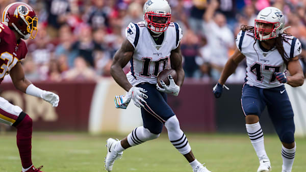 LANDOVER, MD - OCTOBER 06: Josh Gordon #10 of the New England Patriots runs after a catch as Montae Nicholson #35 of the Washington Redskins defends during the first half at FedExField on October 6, 2019 in Landover, Maryland. (Photo by Scott Taetsch/Getty Images) LANDOVER, MD - OCTOBER 06: Josh Gordon #10 of the New England Patriots runs after a catch as Montae Nicholson #35 of the Washington Redskins defends during the first half at FedExField on October 6, 2019 in Landover, Maryland. (Photo by Scott Taetsch/Getty Images)