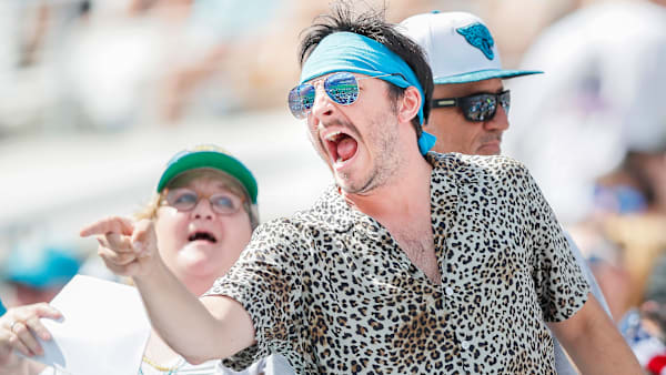 JACKSONVILLE, FLORIDA - OCTOBER 13: A Jacksonville Jaguars dressed like Gardner Minshew reacts during the first quarter of a game New Orleans Saints at TIAA Bank Field on October 13, 2019 in Jacksonville, Florida. (Photo by James Gilbert/Getty Images) JACKSONVILLE, FLORIDA - OCTOBER 13: A Jacksonville Jaguars dressed like Gardner Minshew reacts during the first quarter of a game New Orleans Saints at TIAA Bank Field on October 13, 2019 in Jacksonville, Florida. (Photo by James Gilbert/Getty Images)