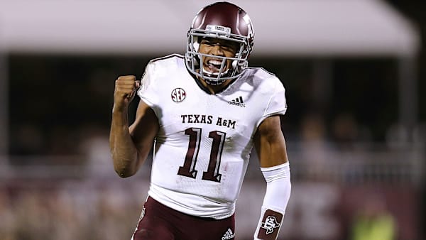 STARKVILLE, MS - OCTOBER 27: Kellen Mond #11 of the Texas A&M Aggies celebrates after throwing for a touchdown during the first half against the Mississippi State Bulldogs at Davis Wade Stadium on October 27, 2018 in Starkville, Mississippi. (Photo by Jonathan Bachman/Getty Images) STARKVILLE, MS - OCTOBER 27: Kellen Mond #11 of the Texas A&M Aggies celebrates after throwing for a touchdown during the first half against the Mississippi State Bulldogs at Davis Wade Stadium on October 27, 2018 in Starkville, Mississippi. (Photo by Jonathan Bachman/Getty Images)