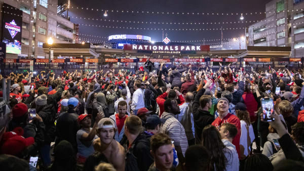 WASHINGTON, DC - OCTOBER 30: Washington Nationals fans stream into the streets outside of Nationals Park celebrating the Nationals World Series victory on October 30, 2019 in Washington, DC. The Washington Nationals defeated the Houston Astros 6-2 in Game 7 of the World Series bringing home the first World Series Championship in franchise history and the first to Washington, DC since 1924. (Photo by Samuel Corum/Getty Images) WASHINGTON, DC - OCTOBER 30: Washington Nationals fans stream into the streets outside of Nationals Park celebrating the Nationals World Series victory on October 30, 2019 in Washington, DC. The Washington Nationals defeated the Houston Astros 6-2 in Game 7 of the World Series bringing home the first World Series Championship in franchise history and the first to Washington, DC since 1924. (Photo by Samuel Corum/Getty Images)