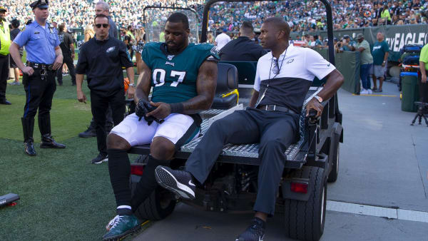 PHILADELPHIA, PA - SEPTEMBER 08: Malik Jackson #97 of the Philadelphia Eagles is carted off into the locker room in the fourth quarter against the Washington Redskins at Lincoln Financial Field on September 8, 2019 in Philadelphia, Pennsylvania. The Eagles defeated the Redskins 32-27. (Photo by Mitchell Leff/Getty Images) PHILADELPHIA, PA - SEPTEMBER 08: Malik Jackson #97 of the Philadelphia Eagles is carted off into the locker room in the fourth quarter against the Washington Redskins at Lincoln Financial Field on September 8, 2019 in Philadelphia, Pennsylvania. The Eagles defeated the Redskins 32-27. (Photo by Mitchell Leff/Getty Images)