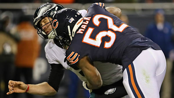 CHICAGO, IL - JANUARY 06: Khalil Mack #52 of the Chicago Bears hits Nick Foles #9 of the Philadelphia Eagles during an NFC Wild Card playoff game at Soldier Field on January 6, 2019 in Chicago, Illinois. The Eagles defeated the Bears 16-15. (Photo by Jonathan Daniel/Getty Images) CHICAGO, IL - JANUARY 06: Khalil Mack #52 of the Chicago Bears hits Nick Foles #9 of the Philadelphia Eagles during an NFC Wild Card playoff game at Soldier Field on January 6, 2019 in Chicago, Illinois. The Eagles defeated the Bears 16-15. (Photo by Jonathan Daniel/Getty Images)