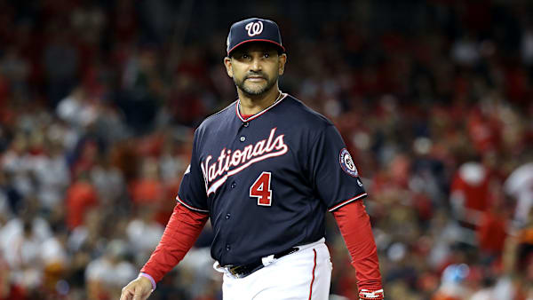 WASHINGTON, DC - OCTOBER 27: Dave Martinez #4 of the Washington Nationals reacts against the Houston Astros during the ninth inning in Game Five of the 2019 World Series at Nationals Park on October 27, 2019 in Washington, DC. (Photo by Rob Carr/Getty Images) WASHINGTON, DC - OCTOBER 27: Dave Martinez #4 of the Washington Nationals reacts against the Houston Astros during the ninth inning in Game Five of the 2019 World Series at Nationals Park on October 27, 2019 in Washington, DC. (Photo by Rob Carr/Getty Images)