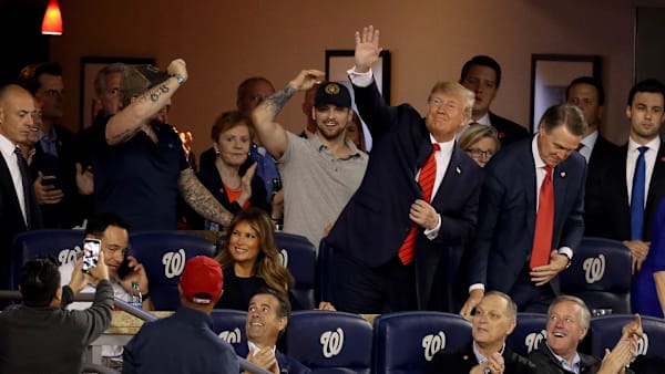 WASHINGTON, DC - OCTOBER 27: President Donald Trump attends Game Five of the 2019 World Series between the Houston Astros and the Washington Nationals at Nationals Park on October 27, 2019 in Washington, DC. (Photo by Will Newton/Getty Images) WASHINGTON, DC - OCTOBER 27: President Donald Trump attends Game Five of the 2019 World Series between the Houston Astros and the Washington Nationals at Nationals Park on October 27, 2019 in Washington, DC. (Photo by Will Newton/Getty Images)