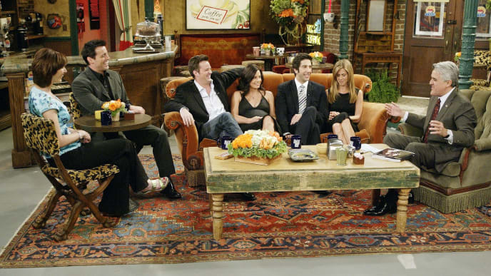 LOS ANGELES - MAY 6: (L-R) In this handout photo provided by NBC, the cast of "Friends", actors Lisa Kudrow, Matt LeBlanc, Matthew Perry, Courteney Cox-Arquette, David Schwimmer and Jennifer Aniston sat down with Jay Leno for a special "Tonight Show," on the set of Central Perk on May 6, 2004 in Los Angeles, California. (Photo by Paul Drinkwater/NBC via Getty Images) LOS ANGELES - MAY 6: (L-R) In this handout photo provided by NBC, the cast of "Friends", actors Lisa Kudrow, Matt LeBlanc, Matthew Perry, Courteney Cox-Arquette, David Schwimmer and Jennifer Aniston sat down with Jay Leno for a special "Tonight Show," on the set of Central Perk on May 6, 2004 in Los Angeles, California. (Photo by Paul Drinkwater/NBC via Getty Images)