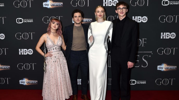 BELFAST, NORTHERN IRELAND - APRIL 12: Maisie Williams, Kit Harington, Sophie Turner and Isaac Hempstead Wright attend the "Game of Thrones" Season 8 screening at the Waterfront Hall on April 12, 2019 in Belfast, Northern Ireland. (Photo by Charles McQuillan/Getty Images) BELFAST, NORTHERN IRELAND - APRIL 12: Maisie Williams, Kit Harington, Sophie Turner and Isaac Hempstead Wright attend the "Game of Thrones" Season 8 screening at the Waterfront Hall on April 12, 2019 in Belfast, Northern Ireland. (Photo by Charles McQuillan/Getty Images)