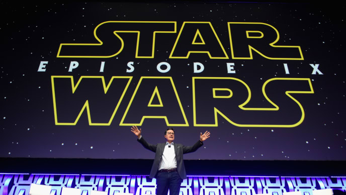 CHICAGO, IL - APRIL 12: Stephen Colbert onstage during "The Rise of Skywalker" panel at the Star Wars Celebration at McCormick Place Convention Center on April 12, 2019 in Chicago, Illinois. (Photo by Daniel Boczarski/Getty Images for Disney ) CHICAGO, IL - APRIL 12: Stephen Colbert onstage during "The Rise of Skywalker" panel at the Star Wars Celebration at McCormick Place Convention Center on April 12, 2019 in Chicago, Illinois. (Photo by Daniel Boczarski/Getty Images for Disney )