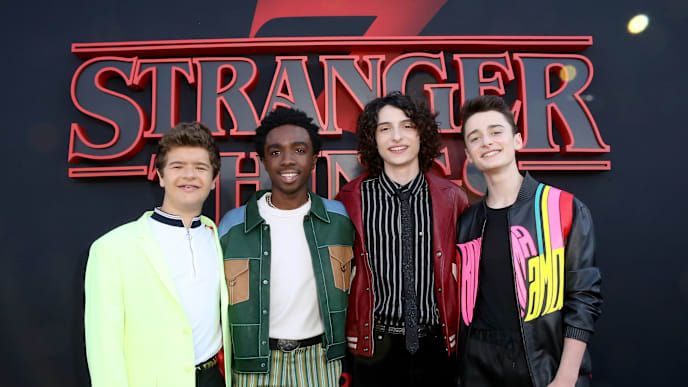 SANTA MONICA, CALIFORNIA - JUNE 28: (L-R) Gaten Matarazzo, Caleb McLaughlin, Finn Wolfhard, and Noah Schnapp attend the "Stranger Things" Season 3 World Premiere on June 28, 2019 in Santa Monica, California. (Photo by Rachel Murray/Getty Images for Netflix) SANTA MONICA, CALIFORNIA - JUNE 28: (L-R) Gaten Matarazzo, Caleb McLaughlin, Finn Wolfhard, and Noah Schnapp attend the "Stranger Things" Season 3 World Premiere on June 28, 2019 in Santa Monica, California. (Photo by Rachel Murray/Getty Images for Netflix)