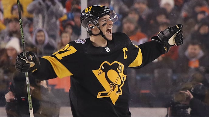 PHILADELPHIA, PENNSYLVANIA - FEBRUARY 23: Sidney Crosby #87 of the Pittsburgh Penguins celebrates a second period goal by Justin Schultz #4 against the Philadelphia Flyers during the 2019 Coors Light NHL Stadium Series game at the Lincoln Financial Field on February 23, 2019 in Philadelphia, Pennsylvania. (Photo by Bruce Bennett/Getty Images) PHILADELPHIA, PENNSYLVANIA - FEBRUARY 23: Sidney Crosby #87 of the Pittsburgh Penguins celebrates a second period goal by Justin Schultz #4 against the Philadelphia Flyers during the 2019 Coors Light NHL Stadium Series game at the Lincoln Financial Field on February 23, 2019 in Philadelphia, Pennsylvania. (Photo by Bruce Bennett/Getty Images)