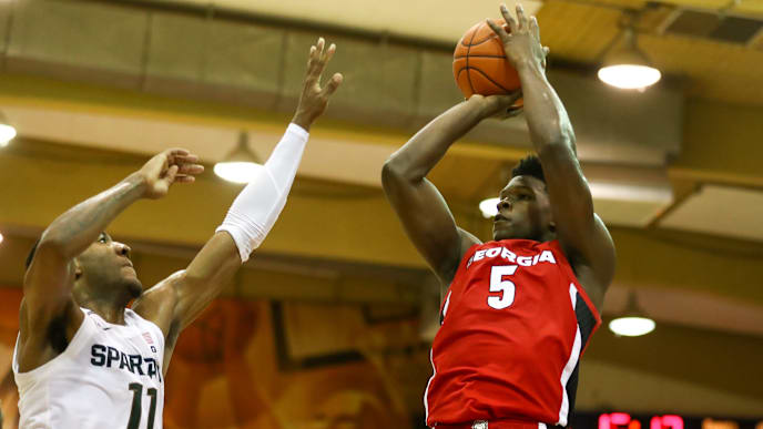 LAHAINA, HI - NOVEMBER 26: Anthony Edwards #5 of the Georgia Bulldogs takes a jump shot over Aaron Henry #11 of the Michigan State Spartans during the second half at the Lahaina Civic Center on November 26, 2019 in Lahaina, Hawaii. (Photo by Darryl Oumi/Getty Images) LAHAINA, HI - NOVEMBER 26: Anthony Edwards #5 of the Georgia Bulldogs takes a jump shot over Aaron Henry #11 of the Michigan State Spartans during the second half at the Lahaina Civic Center on November 26, 2019 in Lahaina, Hawaii. (Photo by Darryl Oumi/Getty Images)