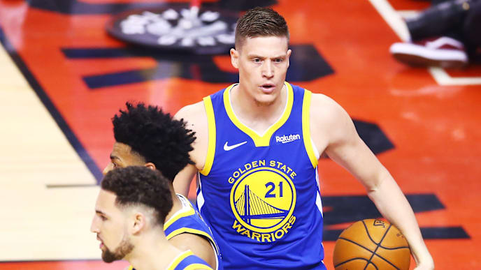 TORONTO, ONTARIO - MAY 30: Jonas Jerebko #21 of the Golden State Warriors celebrates the play against the Toronto Raptors in the second quarter during Game One of the 2019 NBA Finals at Scotiabank Arena on May 30, 2019 in Toronto, Canada. NOTE TO USER: User expressly acknowledges and agrees that, by downloading and or using this photograph, User is consenting to the terms and conditions of the Getty Images License Agreement. (Photo by Vaughn Ridley/Getty Images) TORONTO, ONTARIO - MAY 30: Jonas Jerebko #21 of the Golden State Warriors celebrates the play against the Toronto Raptors in the second quarter during Game One of the 2019 NBA Finals at Scotiabank Arena on May 30, 2019 in Toronto, Canada. NOTE TO USER: User expressly acknowledges and agrees that, by downloading and or using this photograph, User is consenting to the terms and conditions of the Getty Images License Agreement. (Photo by Vaughn Ridley/Getty Images)