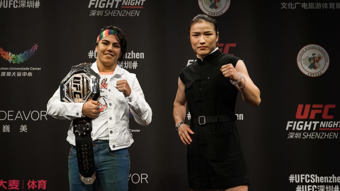 SHANGHAI, CHINA - JUNE 20: (R-L) UFC fighter Zhang Weili and UFC fighter Jessica Andrade pose for face-off session during 2019 UFC Performance Institute Panel and UFC Fight Night Shenzhen Press Conference at UFC Performance Institute Shanghai on June 20, 2019 in Shanghai, China. (Photo by Yifan Ding/Getty Images) SHANGHAI, CHINA - JUNE 20: (R-L) UFC fighter Zhang Weili and UFC fighter Jessica Andrade pose for face-off session during 2019 UFC Performance Institute Panel and UFC Fight Night Shenzhen Press Conference at UFC Performance Institute Shanghai on June 20, 2019 in Shanghai, China. (Photo by Yifan Ding/Getty Images)