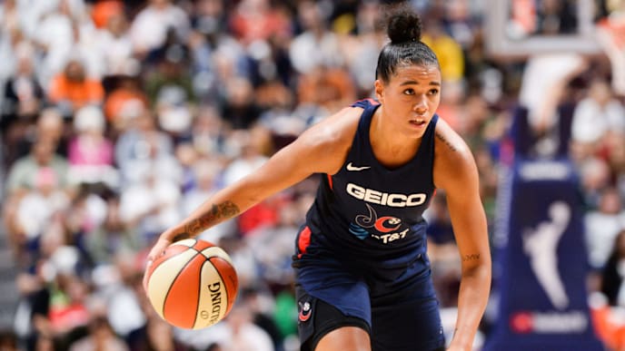 UNCASVILLE, CT - OCTOBER 6: Natasha Cloud #9 of the Washington Mystics dribbles the ball against the Connecticut Sun in the second quarter of Game 3 of the WNBA Finals at Mohegan Sun Arena on October 6, 2019 in Uncasville, Connecticut. NOTE TO USER: User expressly acknowledges and agrees that, by downloading and or using this photograph, User is consenting to the terms and conditions of the Getty Images License Agreement. (Photo by Kathryn Riley/Getty Images) UNCASVILLE, CT - OCTOBER 6: Natasha Cloud #9 of the Washington Mystics dribbles the ball against the Connecticut Sun in the second quarter of Game 3 of the WNBA Finals at Mohegan Sun Arena on October 6, 2019 in Uncasville, Connecticut. NOTE TO USER: User expressly acknowledges and agrees that, by downloading and or using this photograph, User is consenting to the terms and conditions of the Getty Images License Agreement. (Photo by Kathryn Riley/Getty Images)
