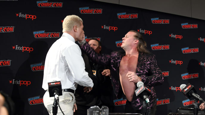 NEW YORK, NEW YORK - OCTOBER 04: (L-R) Cody Rhodes and Chris Jericho face off at the All Elite Wrestling panel during 2019 New York Comic Con at Jacob Javits Center on October 04, 2019 in New York City. (Photo by Noam Galai/Getty Images for WarnerMedia Company) NEW YORK, NEW YORK - OCTOBER 04: (L-R) Cody Rhodes and Chris Jericho face off at the All Elite Wrestling panel during 2019 New York Comic Con at Jacob Javits Center on October 04, 2019 in New York City. (Photo by Noam Galai/Getty Images for WarnerMedia Company)