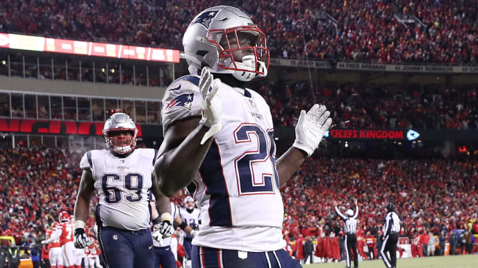 KANSAS CITY, MISSOURI - JANUARY 20: Sony Michel #26 of the New England Patriots celebrates after a touchdown in the fourth quarter against the Kansas City Chiefs during the AFC Championship Game at Arrowhead Stadium on January 20, 2019 in Kansas City, Missouri. (Photo by Patrick Smith/Getty Images) KANSAS CITY, MISSOURI - JANUARY 20: Sony Michel #26 of the New England Patriots celebrates after a touchdown in the fourth quarter against the Kansas City Chiefs during the AFC Championship Game at Arrowhead Stadium on January 20, 2019 in Kansas City, Missouri. (Photo by Patrick Smith/Getty Images)