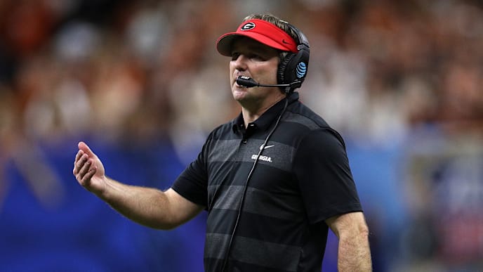 NEW ORLEANS, LOUISIANA - JANUARY 01: Kirby Smart, head coach of the Georgia Bulldogs looks on during the Allstate Sugar Bowl at Mercedes-Benz Superdome on January 01, 2019 in New Orleans, Louisiana. (Photo by Chris Graythen/Getty Images) NEW ORLEANS, LOUISIANA - JANUARY 01: Kirby Smart, head coach of the Georgia Bulldogs looks on during the Allstate Sugar Bowl at Mercedes-Benz Superdome on January 01, 2019 in New Orleans, Louisiana. (Photo by Chris Graythen/Getty Images)