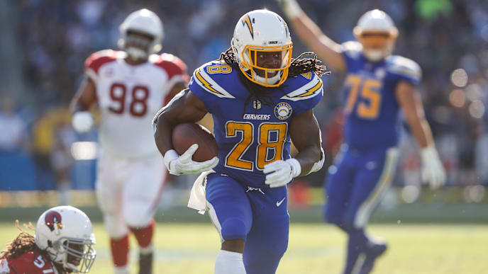 CARSON, CA - NOVEMBER 25: Running back Melvin Gordon #28 of the Los Angeles Chargers makes a run play in the second quarter against the Arizona Cardinals at StubHub Center on November 25, 2018 in Carson, California. (Photo by Sean M. Haffey/Getty Images) CARSON, CA - NOVEMBER 25: Running back Melvin Gordon #28 of the Los Angeles Chargers makes a run play in the second quarter against the Arizona Cardinals at StubHub Center on November 25, 2018 in Carson, California. (Photo by Sean M. Haffey/Getty Images)