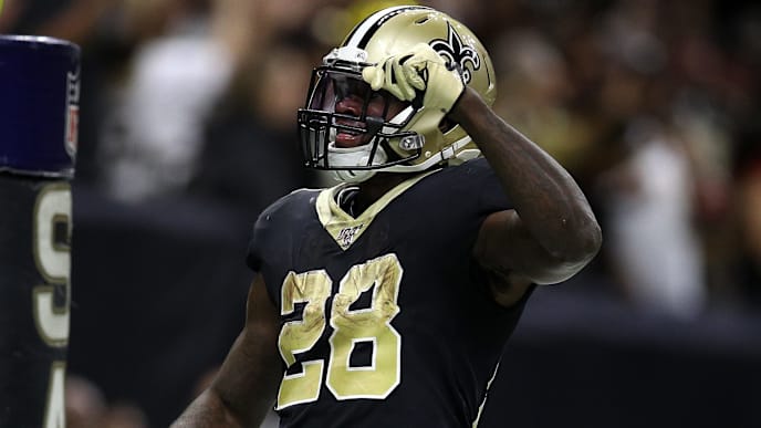 NEW ORLEANS, LOUISIANA - OCTOBER 27: Latavius Murray #28 of the New Orleans Saints celebrates after a touchdown against the Arizona Cardinals at Mercedes Benz Superdome on October 27, 2019 in New Orleans, Louisiana. (Photo by Chris Graythen/Getty Images) NEW ORLEANS, LOUISIANA - OCTOBER 27: Latavius Murray #28 of the New Orleans Saints celebrates after a touchdown against the Arizona Cardinals at Mercedes Benz Superdome on October 27, 2019 in New Orleans, Louisiana. (Photo by Chris Graythen/Getty Images)