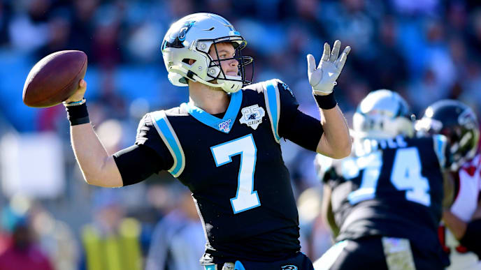 CHARLOTTE, NORTH CAROLINA - NOVEMBER 17: Kyle Allen #7 of the Carolina Panthers throws the ball during the first quarter during their game against the Atlanta Falcons at Bank of America Stadium on November 17, 2019 in Charlotte, North Carolina. (Photo by Jacob Kupferman/Getty Images) CHARLOTTE, NORTH CAROLINA - NOVEMBER 17: Kyle Allen #7 of the Carolina Panthers throws the ball during the first quarter during their game against the Atlanta Falcons at Bank of America Stadium on November 17, 2019 in Charlotte, North Carolina. (Photo by Jacob Kupferman/Getty Images)