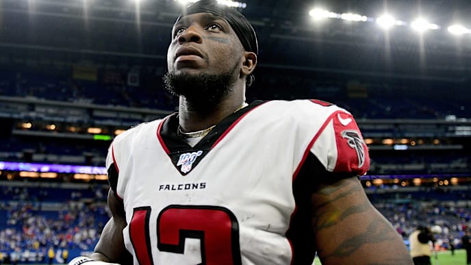 INDIANAPOLIS, IN - SEPTEMBER 22: Mohamed Sanu #12 of the Atlanta Falcons leaves the field after the Falcon"u2019s loss to the Indianapolis Colts at Lucas Oil Stadium on September 22, 2019 in Indianapolis, Indiana. (Photo by Bobby Ellis/Getty Images) INDIANAPOLIS, IN - SEPTEMBER 22: Mohamed Sanu #12 of the Atlanta Falcons leaves the field after the Falcon"u2019s loss to the Indianapolis Colts at Lucas Oil Stadium on September 22, 2019 in Indianapolis, Indiana. (Photo by Bobby Ellis/Getty Images)