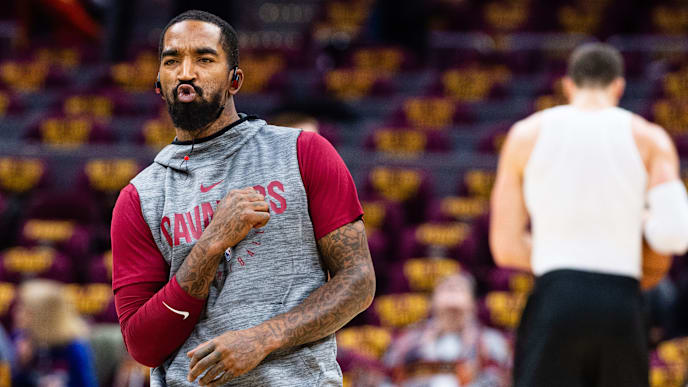CLEVELAND, OH - OCTOBER 21: JR Smith #5 of the Cleveland Cavaliers reacts after narrowly missing a half court shot during warms ups prior to the game against the Atlanta Hawks at Quicken Loans Arena on October 21, 2018 in Cleveland, Ohio. NOTE TO USER: User expressly acknowledges and agrees that, by downloading and/or using this photograph, user is consenting to the terms and conditions of the Getty Images License Agreement. (Photo by Jason Miller/Getty Images) CLEVELAND, OH - OCTOBER 21: JR Smith #5 of the Cleveland Cavaliers reacts after narrowly missing a half court shot during warms ups prior to the game against the Atlanta Hawks at Quicken Loans Arena on October 21, 2018 in Cleveland, Ohio. NOTE TO USER: User expressly acknowledges and agrees that, by downloading and/or using this photograph, user is consenting to the terms and conditions of the Getty Images License Agreement. (Photo by Jason Miller/Getty Images)