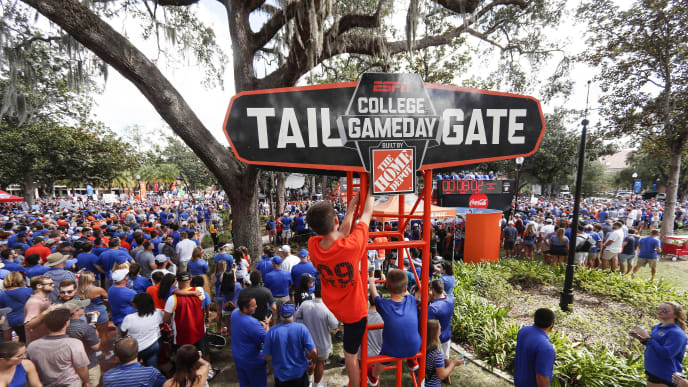 GAINESVILLE, FLORIDA - OCTOBER 05: Fans gather for ESPN's College Gameday at the University of Florida on October 05, 2019 in Gainesville, Florida. (Photo by James Gilbert/Getty Images) GAINESVILLE, FLORIDA - OCTOBER 05: Fans gather for ESPN's College Gameday at the University of Florida on October 05, 2019 in Gainesville, Florida. (Photo by James Gilbert/Getty Images)