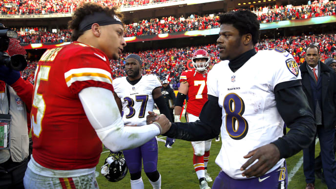 KANSAS CITY, MISSOURI - DECEMBER 09: Quarterback Patrick Mahomes #15 of the Kansas City Chiefs shakes hands with quarterback Lamar Jackson #8 of the Baltimore Ravens after the Chiefs defeated the Ravens 27-24 in overtime to win the game at Arrowhead Stadium on December 09, 2018 in Kansas City, Missouri. (Photo by Jamie Squire/Getty Images) KANSAS CITY, MISSOURI - DECEMBER 09: Quarterback Patrick Mahomes #15 of the Kansas City Chiefs shakes hands with quarterback Lamar Jackson #8 of the Baltimore Ravens after the Chiefs defeated the Ravens 27-24 in overtime to win the game at Arrowhead Stadium on December 09, 2018 in Kansas City, Missouri. (Photo by Jamie Squire/Getty Images)