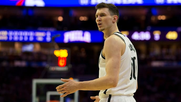 PHILADELPHIA, PA - APRIL 23: Rodions Kurucs #00 of the Brooklyn Nets reacts against the Philadelphia 76ers in Game Five of Round One of the 2019 NBA Playoffs at the Wells Fargo Center on April 23, 2019 in Philadelphia, Pennsylvania. NOTE TO USER: User expressly acknowledges and agrees that, by downloading and or using this photograph, User is consenting to the terms and conditions of the Getty Images License Agreement. (Photo by Mitchell Leff/Getty Images) PHILADELPHIA, PA - APRIL 23: Rodions Kurucs #00 of the Brooklyn Nets reacts against the Philadelphia 76ers in Game Five of Round One of the 2019 NBA Playoffs at the Wells Fargo Center on April 23, 2019 in Philadelphia, Pennsylvania. NOTE TO USER: User expressly acknowledges and agrees that, by downloading and or using this photograph, User is consenting to the terms and conditions of the Getty Images License Agreement. (Photo by Mitchell Leff/Getty Images)