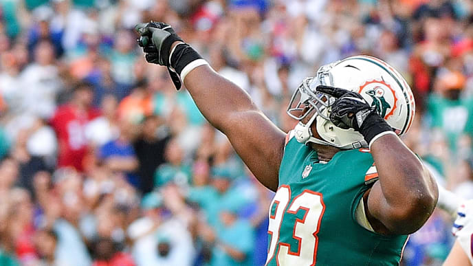 MIAMI, FL - DECEMBER 02: Akeem Spence #93 of the Miami Dolphins celebrates after the play during the fourth quarter against the Buffalo Bills at Hard Rock Stadium on December 2, 2018 in Miami, Florida. (Photo by Mark Brown/Getty Images) MIAMI, FL - DECEMBER 02: Akeem Spence #93 of the Miami Dolphins celebrates after the play during the fourth quarter against the Buffalo Bills at Hard Rock Stadium on December 2, 2018 in Miami, Florida. (Photo by Mark Brown/Getty Images)