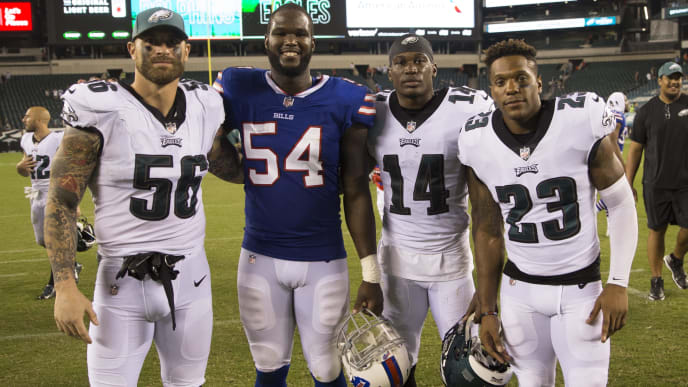 PHILADELPHIA, PA - AUGUST 17: Chris Long #56, David Watford #14, and Rodney McLeod #23 of the Philadelphia Eagles pose for a picture with Max Valles #54 of the Buffalo Bills after the preseason game at Lincoln Financial Field on August 17, 2017 in Philadelphia, Pennsylvania. The Eagles defeated the Bills 20-16. (Photo by Mitchell Leff/Getty Images) PHILADELPHIA, PA - AUGUST 17: Chris Long #56, David Watford #14, and Rodney McLeod #23 of the Philadelphia Eagles pose for a picture with Max Valles #54 of the Buffalo Bills after the preseason game at Lincoln Financial Field on August 17, 2017 in Philadelphia, Pennsylvania. The Eagles defeated the Bills 20-16. (Photo by Mitchell Leff/Getty Images)