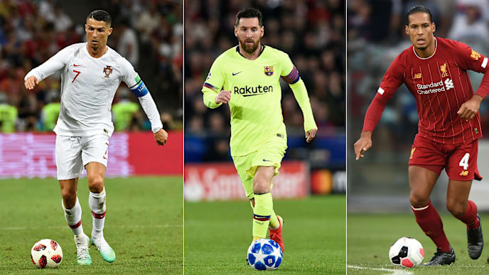 (COMBO) This combination of file pictures created on September 2, 2019, shows Juventus Portuguese forward Cristiano Ronaldo (L) as he controls the ball during the Russia 2018 World Cup round of 16 football match between Uruguay and Portugal at the Fisht Stadium in Sochi on June 30, 2018, Barcelona's Argentinian forward Lionel Messi (C) as he controls the ball during the UEFA Champions' League group B football match Psv against FC Barcelona at Philips stadium in Eindhoven, on November 28, 2018 and Liverpool's Dutch defender Virgil van Dijk as he controls the ball during a pre-season friendly football match between Liverpool and Lyon on July 31, 2019 in Geneva. - The three footballers are final candidates for the best Men's players at the Best FIFA Football Award 2019 ceremony at the Teatro alla Scala in Milan on September 23, 2019. (Photo by AFP) (Photo credit should read JONATHAN NACKSTRAND,FABRICE COFFRINI,JOHN THYS/AFP/Getty Images) (COMBO) This combination of file pictures created on September 2, 2019, shows Juventus Portuguese forward Cristiano Ronaldo (L) as he controls the ball during the Russia 2018 World Cup round of 16 football match between Uruguay and Portugal at the Fisht Stadium in Sochi on June 30, 2018, Barcelona's Argentinian forward Lionel Messi (C) as he controls the ball during the UEFA Champions' League group B football match Psv against FC Barcelona at Philips stadium in Eindhoven, on November 28, 2018 and Liverpool's Dutch defender Virgil van Dijk as he controls the ball during a pre-season friendly football match between Liverpool and Lyon on July 31, 2019 in Geneva. - The three footballers are final candidates for the best Men's players at the Best FIFA Football Award 2019 ceremony at the Teatro alla Scala in Milan on September 23, 2019. (Photo by AFP) (Photo credit should read JONATHAN NACKSTRAND,FABRICE COFFRINI,JOHN THYS/AFP/Getty Images)