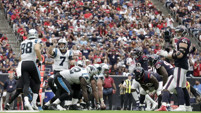 HOUSTON, TX - SEPTEMBER 29: Kyle Allen #7 of the Carolina Panthers signals at the line of scrimmage against the Houston Texans in the second half at NRG Stadium on September 29, 2019 in Houston, Texas. (Photo by Tim Warner/Getty Images) HOUSTON, TX - SEPTEMBER 29: Kyle Allen #7 of the Carolina Panthers signals at the line of scrimmage against the Houston Texans in the second half at NRG Stadium on September 29, 2019 in Houston, Texas. (Photo by Tim Warner/Getty Images)