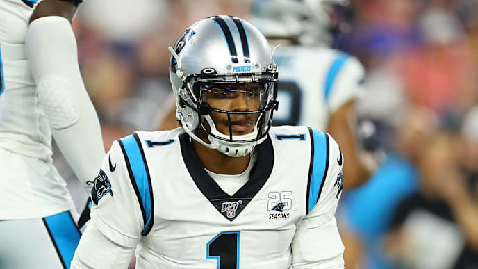 FOXBOROUGH, MASSACHUSETTS - AUGUST 22: Cam Newton #1 of the Carolina Panthers looks on during the preseason game between the Carolina Panthers and the New England Patriots at Gillette Stadium on August 22, 2019 in Foxborough, Massachusetts. (Photo by Maddie Meyer/Getty Images) FOXBOROUGH, MASSACHUSETTS - AUGUST 22: Cam Newton #1 of the Carolina Panthers looks on during the preseason game between the Carolina Panthers and the New England Patriots at Gillette Stadium on August 22, 2019 in Foxborough, Massachusetts. (Photo by Maddie Meyer/Getty Images)