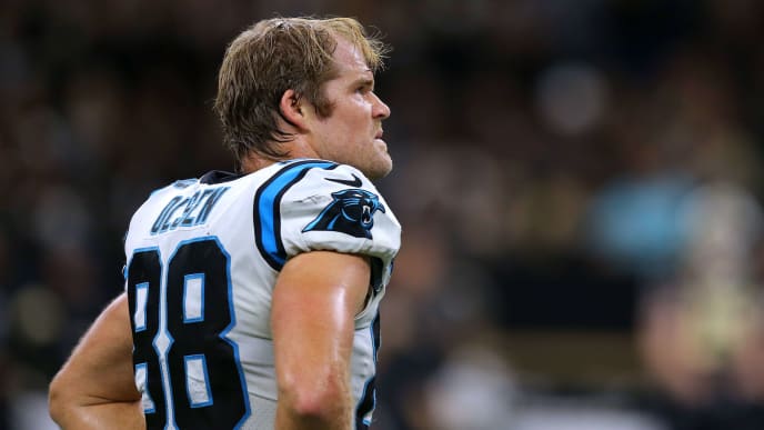NEW ORLEANS, LOUISIANA - NOVEMBER 24: Greg Olsen #88 of the Carolina Panthers reacts during a game against the New Orleans Saints at the Mercedes Benz Superdome on November 24, 2019 in New Orleans, Louisiana. (Photo by Jonathan Bachman/Getty Images) NEW ORLEANS, LOUISIANA - NOVEMBER 24: Greg Olsen #88 of the Carolina Panthers reacts during a game against the New Orleans Saints at the Mercedes Benz Superdome on November 24, 2019 in New Orleans, Louisiana. (Photo by Jonathan Bachman/Getty Images)