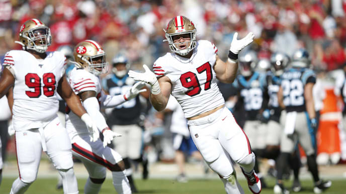 SANTA CLARA, CA - OCTOBER 27: Nick Bosa #97 of the San Francisco 49ers celebrates after sacking Kyle Allen #7 of the Carolina Panthers during the game at Levi's Stadium on October 27, 2019 in Santa Clara, California. The 49ers defeated the Panthers 51-13. (Photo by Michael Zagaris/San Francisco 49ers/Getty Images) SANTA CLARA, CA - OCTOBER 27: Nick Bosa #97 of the San Francisco 49ers celebrates after sacking Kyle Allen #7 of the Carolina Panthers during the game at Levi's Stadium on October 27, 2019 in Santa Clara, California. The 49ers defeated the Panthers 51-13. (Photo by Michael Zagaris/San Francisco 49ers/Getty Images)