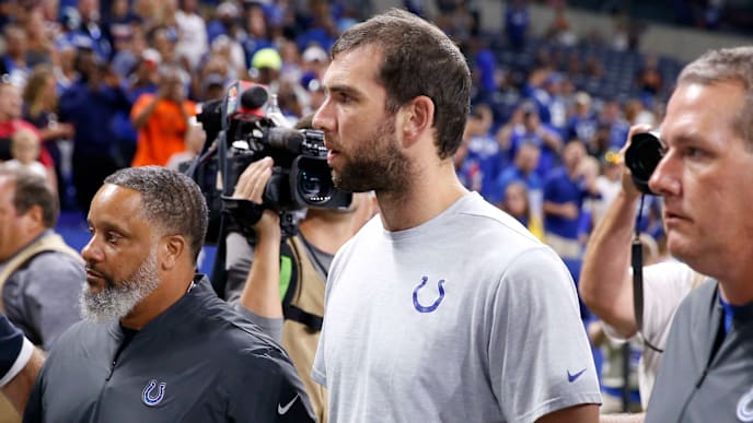 INDIANAPOLIS, INDIANA - AUGUST 24: Andrew Luck #12 of the Indianapolis Colts walks off the field after the Indianapolis Colts preseason game against the Chicago Bears after it was reported that he would be retiring at Lucas Oil Stadium on August 24, 2019 in Indianapolis, Indiana. (Photo by Justin Casterline/Getty Images) INDIANAPOLIS, INDIANA - AUGUST 24: Andrew Luck #12 of the Indianapolis Colts walks off the field after the Indianapolis Colts preseason game against the Chicago Bears after it was reported that he would be retiring at Lucas Oil Stadium on August 24, 2019 in Indianapolis, Indiana. (Photo by Justin Casterline/Getty Images)