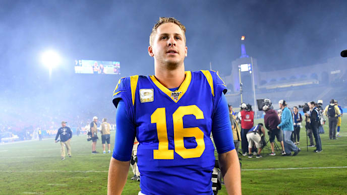 LOS ANGELES, CA - NOVEMBER 17: Quarterback Jared Goff #16 of the Los Angeles Rams leaves the field after the game against the Chicago Bears at the Los Angeles Memorial Coliseum on November 17, 2019 in Los Angeles, California. (Photo by Jayne Kamin-Oncea/Getty Images) LOS ANGELES, CA - NOVEMBER 17: Quarterback Jared Goff #16 of the Los Angeles Rams leaves the field after the game against the Chicago Bears at the Los Angeles Memorial Coliseum on November 17, 2019 in Los Angeles, California. (Photo by Jayne Kamin-Oncea/Getty Images)