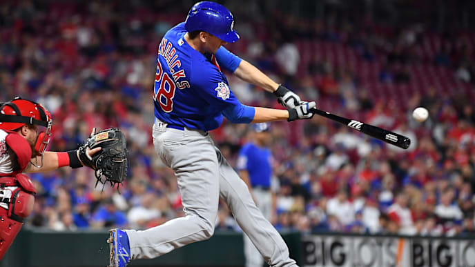 CINCINNATI, OH - MAY 14: Kyle Hendricks #28 of the Chicago Cubs hits a single in the ninth inning against the Cincinnati Reds at Great American Ball Park on May 14, 2019 in Cincinnati, Ohio. Chicago defeated Cincinnati 3-1. (Photo by Jamie Sabau/Getty Images) CINCINNATI, OH - MAY 14: Kyle Hendricks #28 of the Chicago Cubs hits a single in the ninth inning against the Cincinnati Reds at Great American Ball Park on May 14, 2019 in Cincinnati, Ohio. Chicago defeated Cincinnati 3-1. (Photo by Jamie Sabau/Getty Images)