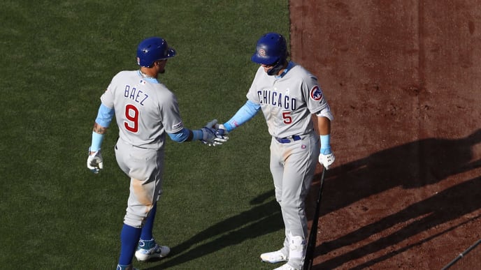 LOS ANGELES, CALIFORNIA - JUNE 16: Javier Baez #9 of the Chicago Cubs is congratulated by teammate Albert Almora Jr. #5 after Baez scored in the sixth inning of the MLB game against the Los Angeles Dodgers at Dodger Stadium on June 16, 2019 in Los Angeles, California. The Dodgers defeated the Cubs 3-2. (Photo by Victor Decolongon/Getty Images) LOS ANGELES, CALIFORNIA - JUNE 16: Javier Baez #9 of the Chicago Cubs is congratulated by teammate Albert Almora Jr. #5 after Baez scored in the sixth inning of the MLB game against the Los Angeles Dodgers at Dodger Stadium on June 16, 2019 in Los Angeles, California. The Dodgers defeated the Cubs 3-2. (Photo by Victor Decolongon/Getty Images)