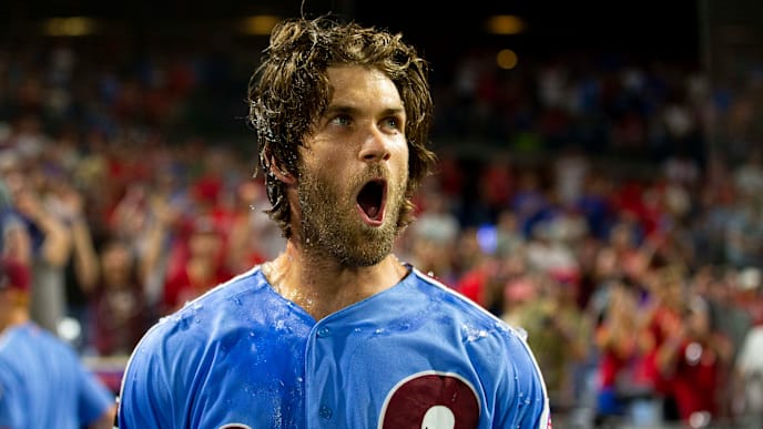 PHILADELPHIA, PA - AUGUST 15: Bryce Harper #3 of the Philadelphia Phillies reacts after hitting a walk-off grand slam against the Chicago Cubs at Citizens Bank Park on August 15, 2019 in Philadelphia, Pennsylvania. The Phillies defeated the Cubs 7-5. (Photo by Mitchell Leff/Getty Images) PHILADELPHIA, PA - AUGUST 15: Bryce Harper #3 of the Philadelphia Phillies reacts after hitting a walk-off grand slam against the Chicago Cubs at Citizens Bank Park on August 15, 2019 in Philadelphia, Pennsylvania. The Phillies defeated the Cubs 7-5. (Photo by Mitchell Leff/Getty Images)