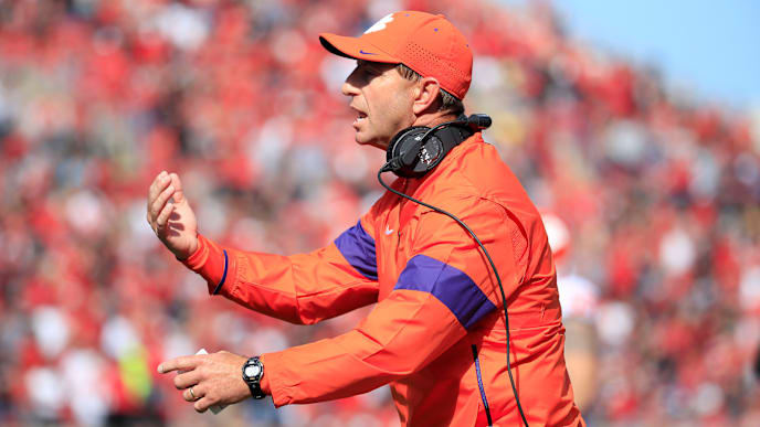 LOUISVILLE, KENTUCKY - OCTOBER 19: Dabo Swinney the head coach of the Clemson Tigers watches the action against the Louisville Cardinals at Cardinal Stadium on October 19, 2019 in Louisville, Kentucky. (Photo by Andy Lyons/Getty Images) LOUISVILLE, KENTUCKY - OCTOBER 19: Dabo Swinney the head coach of the Clemson Tigers watches the action against the Louisville Cardinals at Cardinal Stadium on October 19, 2019 in Louisville, Kentucky. (Photo by Andy Lyons/Getty Images)