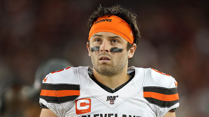 SANTA CLARA, CALIFORNIA - OCTOBER 07: Baker Mayfield #6 of the Cleveland Browns looks on from the sidelines against the San Francisco 49ers during the third quarter of an NFL football game at Levi's Stadium on October 07, 2019 in Santa Clara, California. (Photo by Thearon W. Henderson/Getty Images) SANTA CLARA, CALIFORNIA - OCTOBER 07: Baker Mayfield #6 of the Cleveland Browns looks on from the sidelines against the San Francisco 49ers during the third quarter of an NFL football game at Levi's Stadium on October 07, 2019 in Santa Clara, California. (Photo by Thearon W. Henderson/Getty Images)