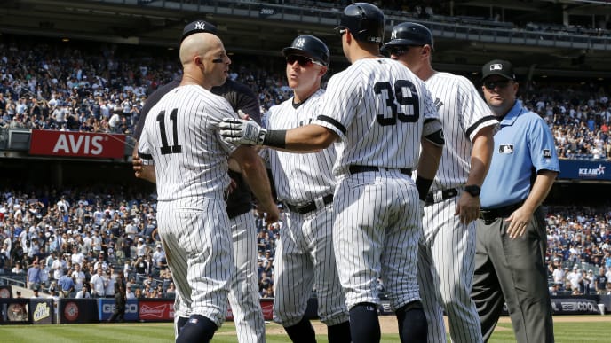 NEW YORK, NEW YORK - AUGUST 17: Brett Gardner #11 of the New York Yankees is restrained by teammates as he argues with the umpires after his sixth inning ejection against the Cleveland Indians at Yankee Stadium on August 17, 2019 in New York City. (Photo by Jim McIsaac/Getty Images) NEW YORK, NEW YORK - AUGUST 17: Brett Gardner #11 of the New York Yankees is restrained by teammates as he argues with the umpires after his sixth inning ejection against the Cleveland Indians at Yankee Stadium on August 17, 2019 in New York City. (Photo by Jim McIsaac/Getty Images)