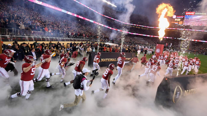 SANTA CLARA, CA - JANUARY 07: The Alabama Crimson Tide take the field prior to the CFP National Championship against the Clemson Tigers presented by AT&T at Levi's Stadium on January 7, 2019 in Santa Clara, California. (Photo by Harry How/Getty Images) SANTA CLARA, CA - JANUARY 07: The Alabama Crimson Tide take the field prior to the CFP National Championship against the Clemson Tigers presented by AT&T at Levi's Stadium on January 7, 2019 in Santa Clara, California. (Photo by Harry How/Getty Images)
